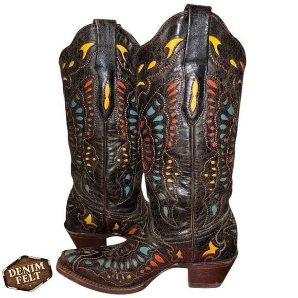 Corral Butterfly Inlay Western Boots Brown Multicolor Leather Size 6M –EXCELLENT - Picture 9 of 16